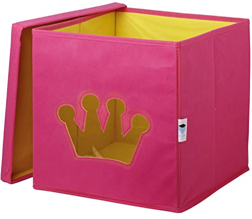 LOVE IT STORE IT Aufbewahrungsbox mit Deckel 30x30x30 cm - Quadratisch, verstärkt mit Karton, stabile Regalbox aus Stoff - Pink mit Krone, ideal für Kinderzimmer