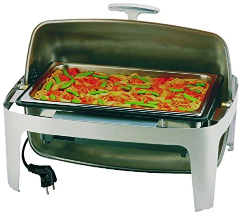 APS 12360 ELITE Rund Elektrische Roll-Top Chafing Dish, Set Adjustable Abdeckung bei 90 ° und 180 °, Pfanne, elektrische Wasserbecken mit Heizungssteuerung (420-500 W), Edelstahl poliert, 67 x 47 x 45 cm 14 ltr.
