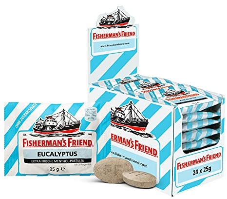 Fisherman's Friend Eucalyptus, 24er Vorratsbox, Eukalyptus und Menthol Geschmack, ohne Zuckerzusatz & vegan, Bonbons für frischen Atem, 24 x 25g