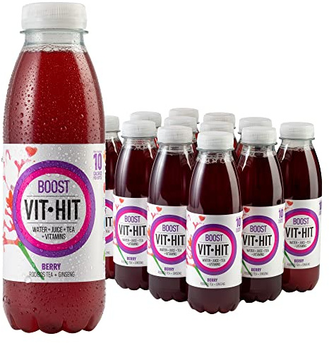 VIT HIT BOOST - 12 x Berry + Ginseng + Rooibos Tea | Vegan, Low Sugar, Low Calories, Vitamin Drink | 100% RDA of 8 Vitamins (500ml x 12 Bottles)