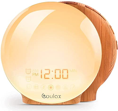 Despertador con luz de Amanecer - COULAX Amanecer Atardecer Simulación Despertador con alarmas duales 20 Brillo 7 Sonidos Naturales Radio FM para Adultos y niños