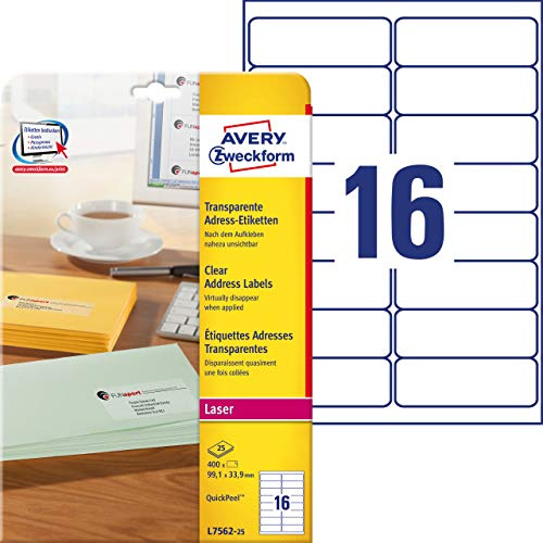 Avery Zweckform L7562-25 - Etiquetas para dirección postal, 99.1 x 33.9 mm, 25 hojas, 400 etiquetas, transparentes