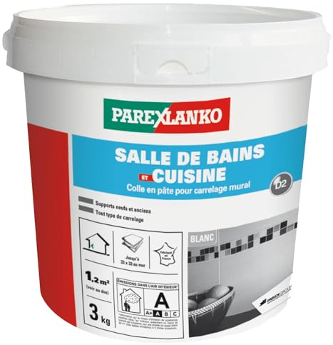 Parexlanko, Salle de bains et cuisine, Colle carrelage en pâte pour mur intérieur spécial pièces humides, 3kg