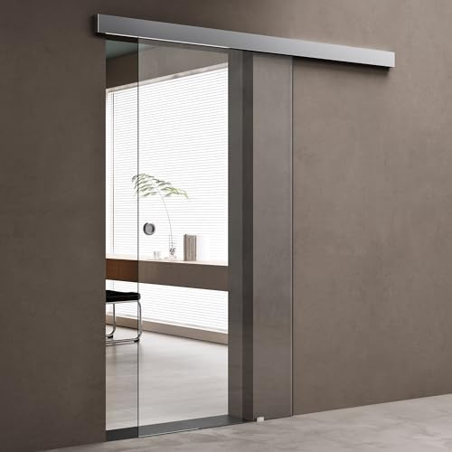 doporro Porta Scorrevole in Cristallo Temperato 102,5x205 cm con Binario Esterno Muro e Ammortizzatore, Porta Vetro Trasparente 8 mm, Porta Interna Scorrevole per Bagno Cucina Ufficio Studio