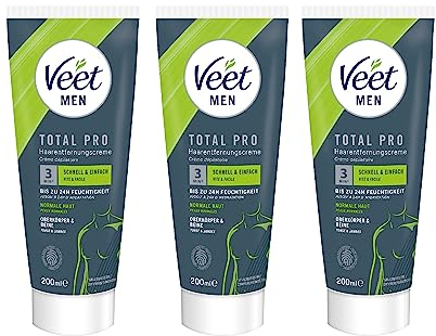 Veet Men Haarentfernungscreme für Oberkörper & Beine - Enthaarungscreme für Männer, Haarentfernung in 5-10 Minuten - 3 x 200 ml Tube & Spatel