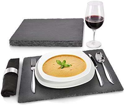 Sänger | Schieferplatten-Set mit Kreide, 6 Moderne Untersetzer aus Schiefer, Eckig, Serviertablett, Dinner Teller | 40x30cm