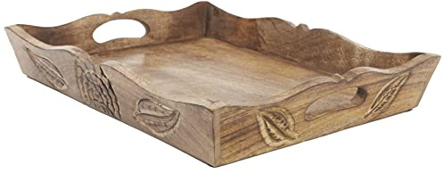 Paper High Mango-Holz Tablett, 380 x 240 x 60 mm, Rustikal, Braun, Geblümt, Handgeschnitzt, Mangoholz, 100%