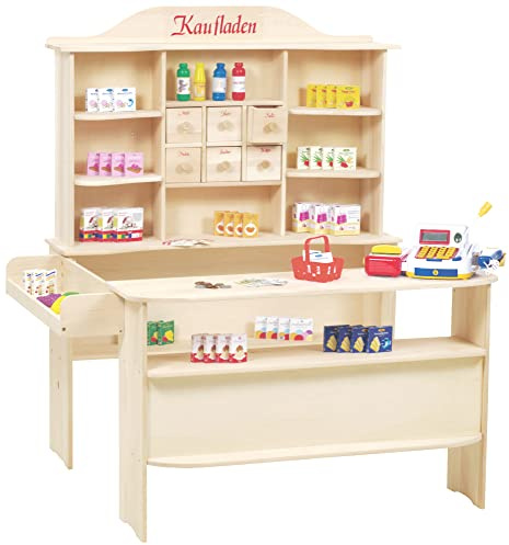 roba Grande Marchande Enfant en Bois - Supermarché avec Caisse Enregistreuse + 100 Pièces d'Accessoires - Naturel