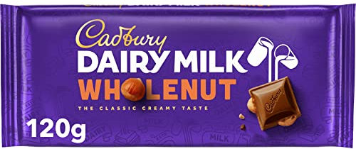 Cadbury Dairy Milk Whole Nut Bar, Whole Hazelnuts Covered in Creamy Milk Chocolate, 120 g Bar (Pack of 1)