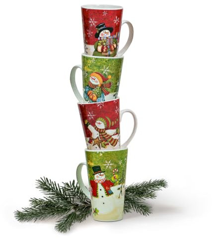 Jumbotassen 4er Set Xmas Schneemänner in rot grün- Große Keramik Kaffeebecher als Weihnachtstassen in 500ml - Kaffeetassen für Weihnachten spülmaschinenfest und mikrowellengeeignet