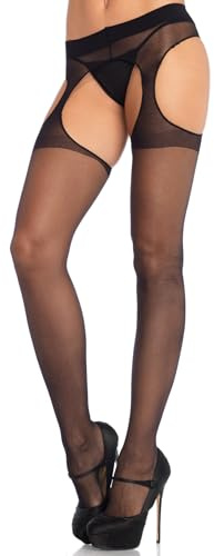 Leg Avenue Women's Sheer Stockings with Attached Garter Belt, Black Lace, One Size