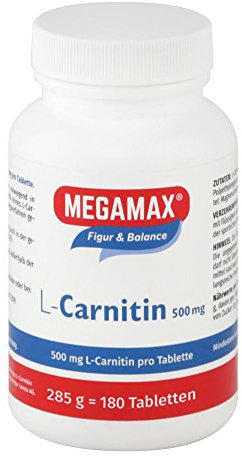 Megamax L-Carnitin 500 mg 180 Tbl.(l-carnitine, carnipure). Körpereigenes L-Carnitin unterstützt die Energiefreisetzung im Fettstoffwechsel. Inhalt: 180 Tabletten à 500 mg L-Carnitin