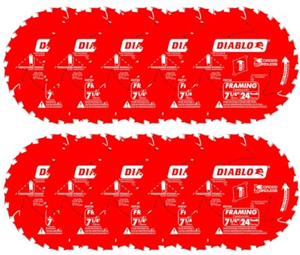 Diablo Framing Saw Blade for Wood - 7-1/4 x 24-Tooth, Thin Kerf, Anti-Vibration, Long Life for Framing & Pressure-Treated Wood, Tracking Point Tooth Design - Pack of 10 - D0724A