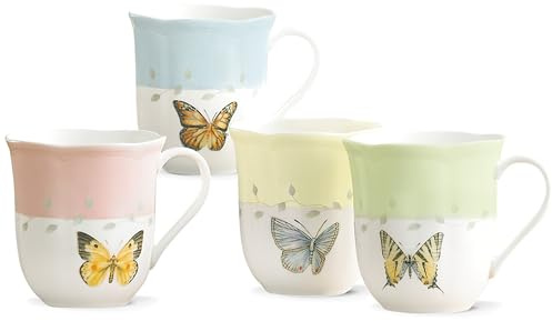 Lenox Coffee Mug Set, Butterfly Meadow 4-Piece Mug Set, Service for 4, White Porcelain Mugs, 10 Ounce Capacity, Microwave And Dishwasher Safe, Ceramic Mugs, Coffee Cups, Tea Cup (Assorted, 4 Piece)