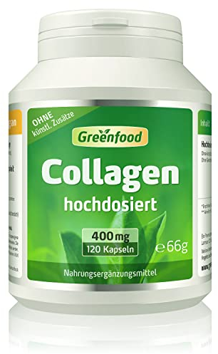 Collagen, hochdosiert, 400mg - 120 Kapseln. Natürlicher Collagen Komplex (Typ 1, Typ 2, Typ 3) mit Collagenhydrolysat - hohe Bioverfügbarkeit. OHNE künstliche Zusätze - laborgeprüft. Von Greenfood.