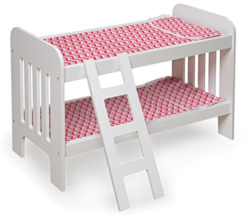 Badger Basket Chevron Doll Bunk Bed with Bedding, Ladder, and Padded Mats – Ideal for Dolls Up to 20 Inches in White and Pink