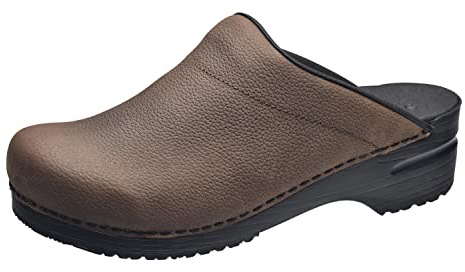 Sanita | Karl Textured Oil Mule Clog | Original Handmade Flexible Leather Clog for Men | Anatomical shaped footbed with soft foam | Shock absorbing heel | Mörkbrun | 45 EU