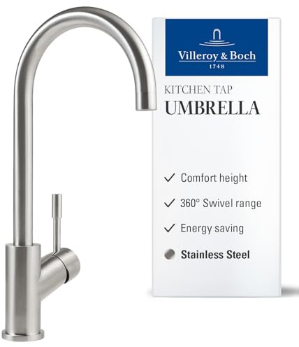 Villeroy & Boch Umbrella, grifo de cocina de alta presión, con ColdStart para ahorro de energía, cartucho cerámico y alcance giratorio 360°, ahorro de agua, altura del caño 275 mm, acero inoxidable