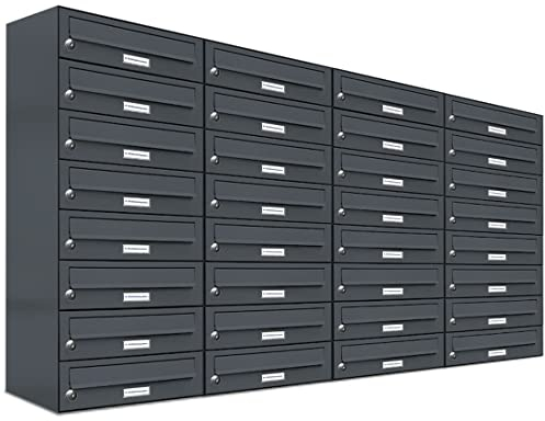 AL Briefkastensysteme 32er Briefkastenanlage Anthrazit Grau RAL 7016, Premium Briefkasten DIN A4, 32 Fach Postkasten modern Aufputz