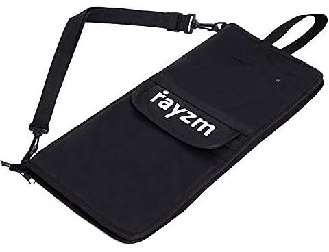 Rayzm Trommelstocktasche - Drumsticktasche Stick Bag mit zusätzlicher Außentasche, Standard Polyester Stick Bag mit einem Tragegriff und Floor Tom Haken, 4 Innentaschen mit bis zu 12 Paar Drumsticks