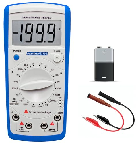 PeakTech P 3705 Digital Kapazitätsmessgerät 20MF / Widerstandmessgerät 2000 Mohm/Durchgangsprüfer/DIODEN Test/Transistortest Hfe, 1 Stück blau und weiß