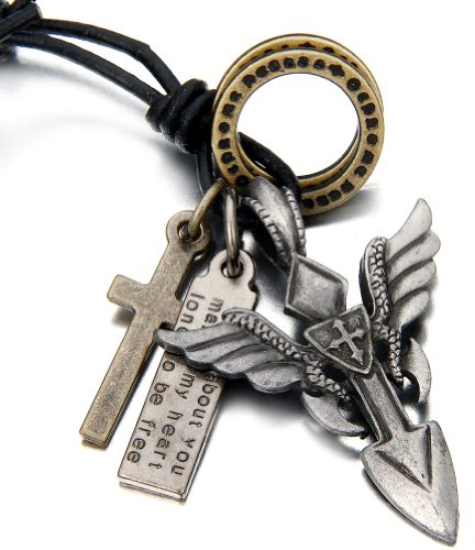 JewelryWe Bijoux Pendentif Collier Homme et Femme Croix Aile d'ange Militaire Tag Vintage Cuir Alliage Fantaisie Longueur Réglable 40-80cm avec Sac Cadeau
