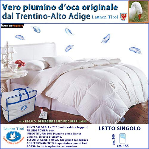 Piumone Letto Singolo Invernale in Piuma D'oca 155x200 cm, Originale Trentino Alto Adige, Piumino Letto Singolo Caldo 100% Vera Piuma D'Oca Naturale, Garanzia Marchio Daunex, LAUNEN TIROL