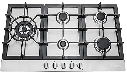 COSMO 850SLTX-E 30 in. Gas Cooktop with 5 Burners, Counter-Top Cooker with Cast Iron Grate Stove-Top, Melt-Proof Metal Knobs in Stainless Steel