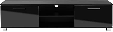 MMT Black Gloss TV Stand Cabinet 140cm for Up to 65 Inch TV, Living Room Furniture with Storage Cupboard and Open Shelving