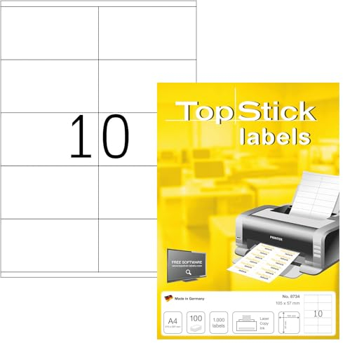 TopStick 8734 Universal Etiketten, 100 Blatt, 105 x 57 mm, 10 pro A4 Bogen, 1000 Stück, selbstklebend, bedruckbar, matt, blanko Papier Klebeetiketten Aufkleber, weiß