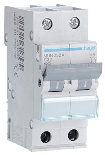 Hager MUN232A Interruptor Automático Magnetotérmico Serie MU, 2P, 32A, curva C, 6KA