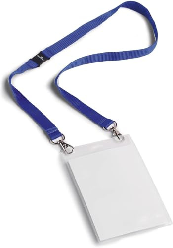 Durable Namnskylt A6 Duo, ID-bricka med band, 10 stycken, mörkblå, 852507 | Innermått 105 x 148 mm, extra ficka för visitkort, två karbinhakar, säkerhetslås, märkning med Duraprint, för mässor och VIP