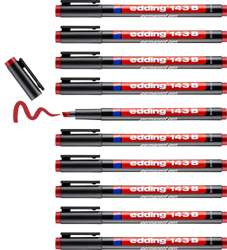edding 143 B Permanenter Folienschreiber - rot - 10 Stifte - Keilspitze 1-3 mm - Stift zum Schreiben auf Glas, Kunststoff, Folien und glatten Oberflächen - schnelltrocknend, wisch- und wasserfest