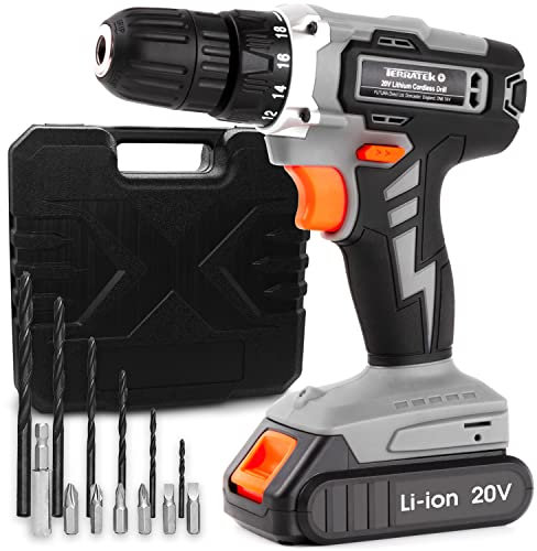 Terratek Cordless Drill Driver 20V Li-Ion 1HR Fast Charge Battery, 13Pc Electric Screwdriver Set, LED Work Light, Electric Drill Quick Change Power Drill Battery with Charger & Carry Case Included