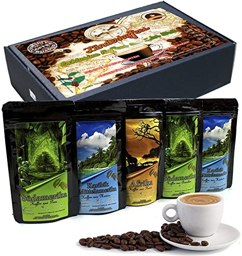 C&T Kaffee Geschenk-Set mit Länder-Kaffee aus aller Welt | 5x Kaffees je 65g Ganze Bohnen | Brasilien + Honduras + Peru + Mexiko + Kenia - im Geschenkkarton