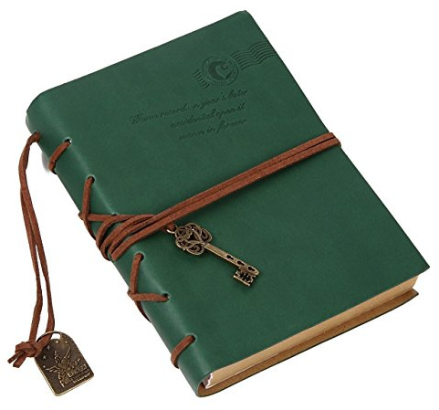 Kingdommax, diario, taccuino, quaderno a foglio mobili con copertina in pelle, stile vintage, pagine bianche e ciondolo a forma di chiave, idea regalo Dark green