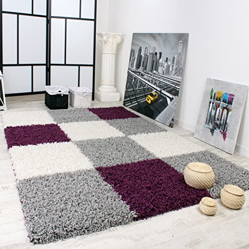 Paco Home Hochflor Teppich Wohnzimmer Wohnzimmerteppich Schlafzimmer Shaggy Modern Geometrisches Kariertes Muster, Grösse:70x250 cm, Farbe:Lila