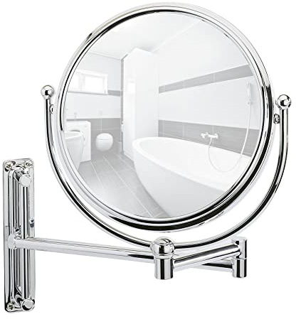 WENKO Kosmetikspiegel Deluxe Groß - Wandspiegel, höhenverstellbar, schwenkbar, Spiegelfläche 19 cm 500 % Vergrößerung, Stahl, 23 x 28.5 x 33 cm Silber