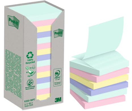 Post-it Recycling Z-Notes, Verschiedene Farben, Packung mit 16 Blöcke 76 mm x 76 mm, 100 Blatt pro Block - Selbstklebende Notizzettel aus 100% Recyclingpapier