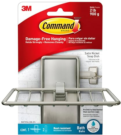 Command Bath Soap Dish, Satin Nickel, 1 Soap Dish + 2 Water-Resistant Adhesive Strips - Damage Free Hanging - Holds up to 900 g