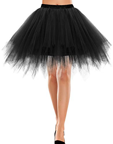 Bbonlinedress Tutu Tüllrock Petticoat Unterrock Rock 50er Vintage Ballet Blase Tanzrock Tanzkleid Ballkleid Kurz Retro Rock Knielang Tüll Rockabilly Weiss Petticoat Black L