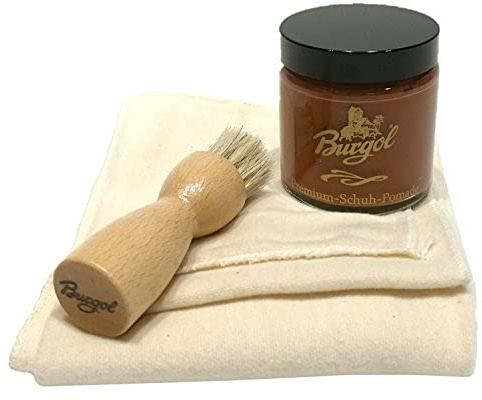 Schuhpflegeset mit Burgol - Schuhpomade Cognac Tiegelbürste zum Auftragen und Baumwolltuch