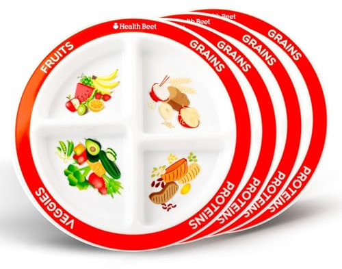 Health Beet MyPlate Portion Control Plate – 4 Divided Sections for Fruit Grains Veggies Proteins - Dishwasher & Microwave Safe Sectioned Plates for Health Education (Set of 4)