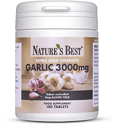 Nature's Best Garlic Tablets 3000mg - High Strength & Rich in Allicin - Taste Controlled & Odthisless - Equivalent to 3000mg of Fresh Garlic - UK Made - 180 Tablets (6 Months' Supply)