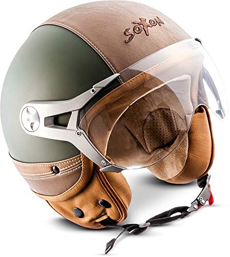 Soxon® SP-325 Urban „Green“ · Jet-Helm · Motorrad-Helm Roller-Helm Scooter-Helm Moped Mofa-Helm Chopper Retro Vespa Vintage Pilot · ECE 22.05 Visier Leather-Design Schnellverschluss Tasche S (55-56cm)