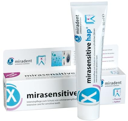 miradent Mirasensitive hap+ Zahncreme 50 ml | Intensivpflege zum Schutz von schmerzempfindlichen Zähnen | mit Hydroxylapatit & Fluorid | gegen Hypersensibilitäten | kariespräventiv | remineralisierend