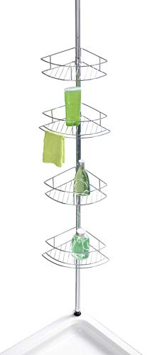 WENKO Teleskop-Eckregal Mod. Dolcedo glänzend, klemmbares Badregal mit 4 Ablagen für Shampoo, Duschgel & Co., platzsparendes Duschregal aus rostfreiem Edelstahl, 31 x 65-275 x 23 cm