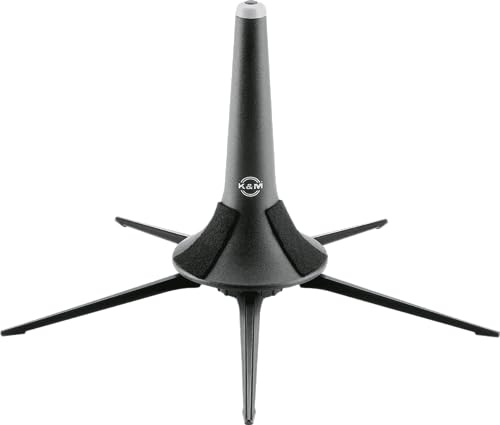 K&M 15213 Trompetenständer Schwarz – gummierte Kegelspitze mit Schraubfüßen – Transport im Schalltrichter möglich