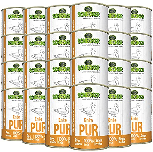 Schecker - Ente PUR - Nassfutter für Hunde - 24 x 410 g - getreidefrei - Dosenfutter - Hundefutter