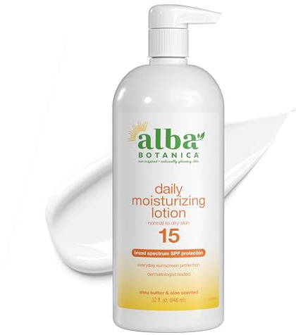 Alba Botanica Daily Moisturizing Lotion SPF 15, Normal to Dry Skin, with Shea Butter and Aloe, 32 Oz (Packaging May Vary)